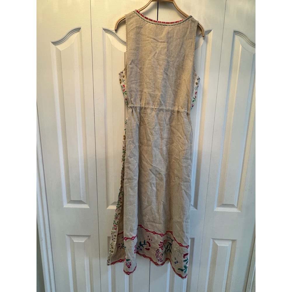 Johnny Was Sloane Drawstring Tank Dress Linen Floral Embroidered Midi Tan Small - Picture 8 of 9